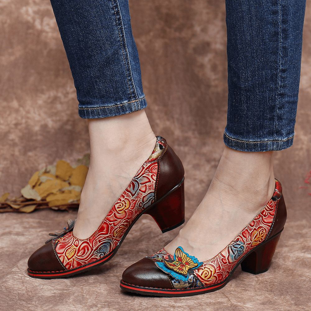 Vintage Butterfly Embossed Floral Leather Spleißnähte Slip-On Chunky Heel Pumps