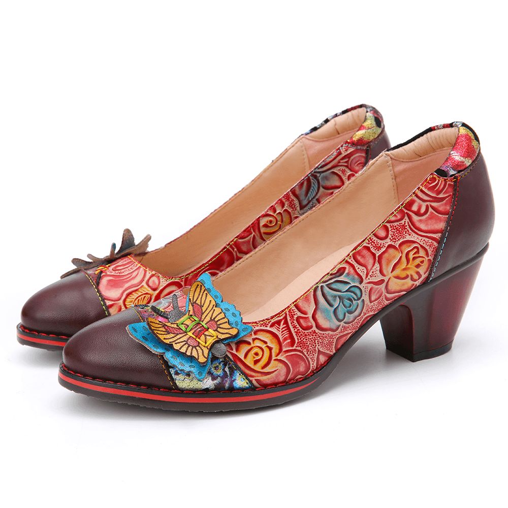 Vintage Butterfly Embossed Floral Leather Spleißnähte Slip-On Chunky Heel Pumps