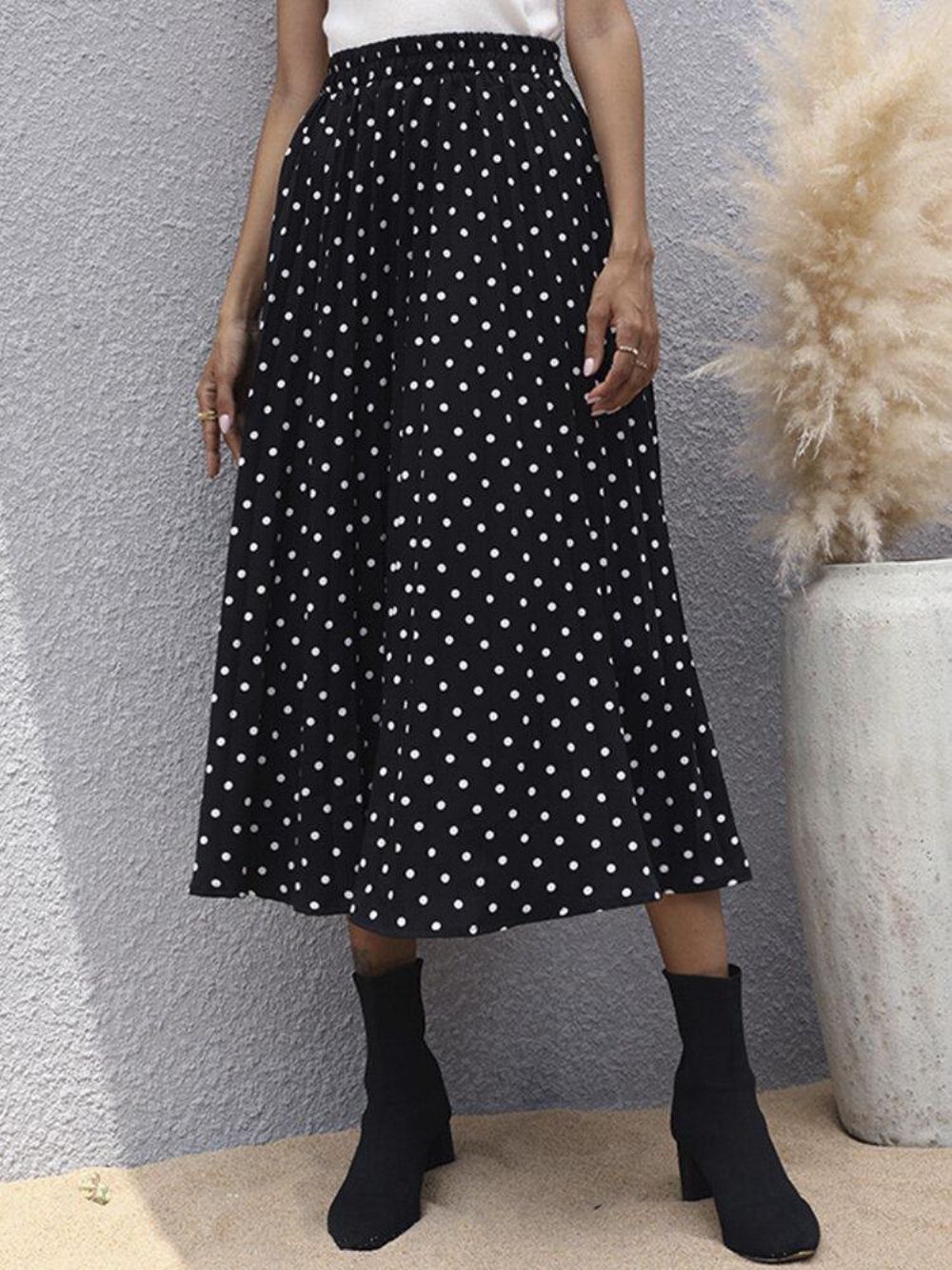 Damen Polka Dot Bedruckter Lockerer Stilvoller Mittellanger Rock Mit Hoher Taille