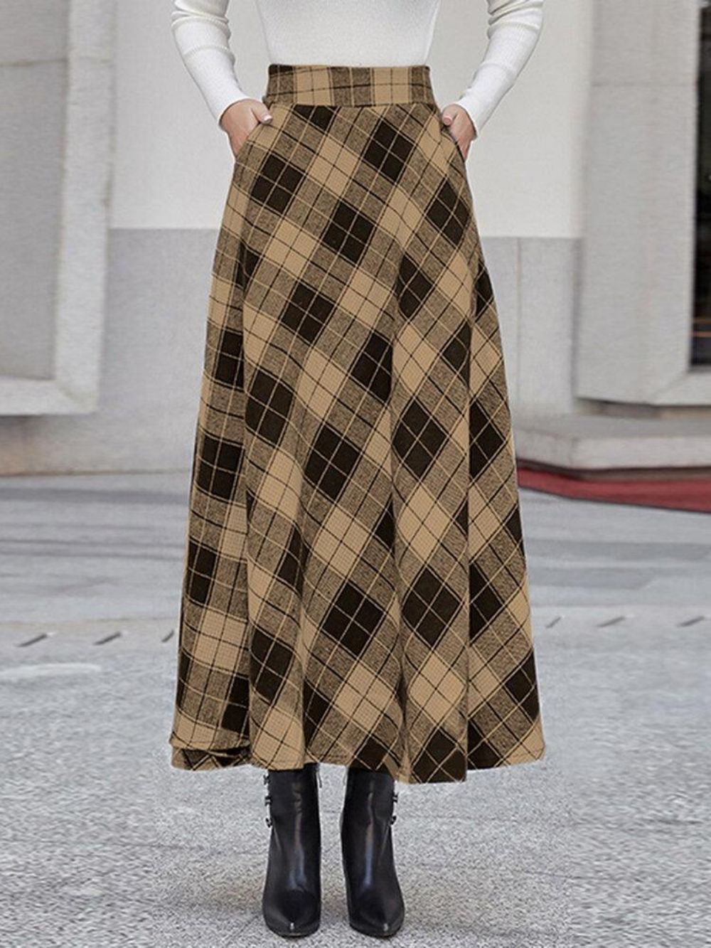 Frauen Plaid A-Linie Vintage Röcke Mit Hoher Taille Und Tasche