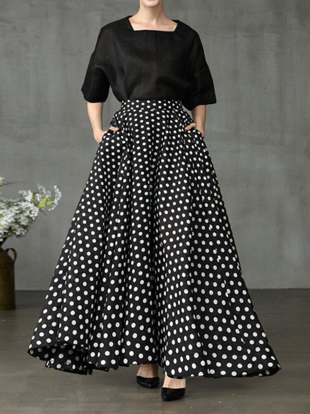 Frauen Polka Dot Print Lose Big Swing Seitentaschen Lässiger Langer Rock