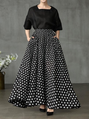 Frauen Polka Dot Print Lose Big Swing Seitentaschen Lässiger Langer Rock