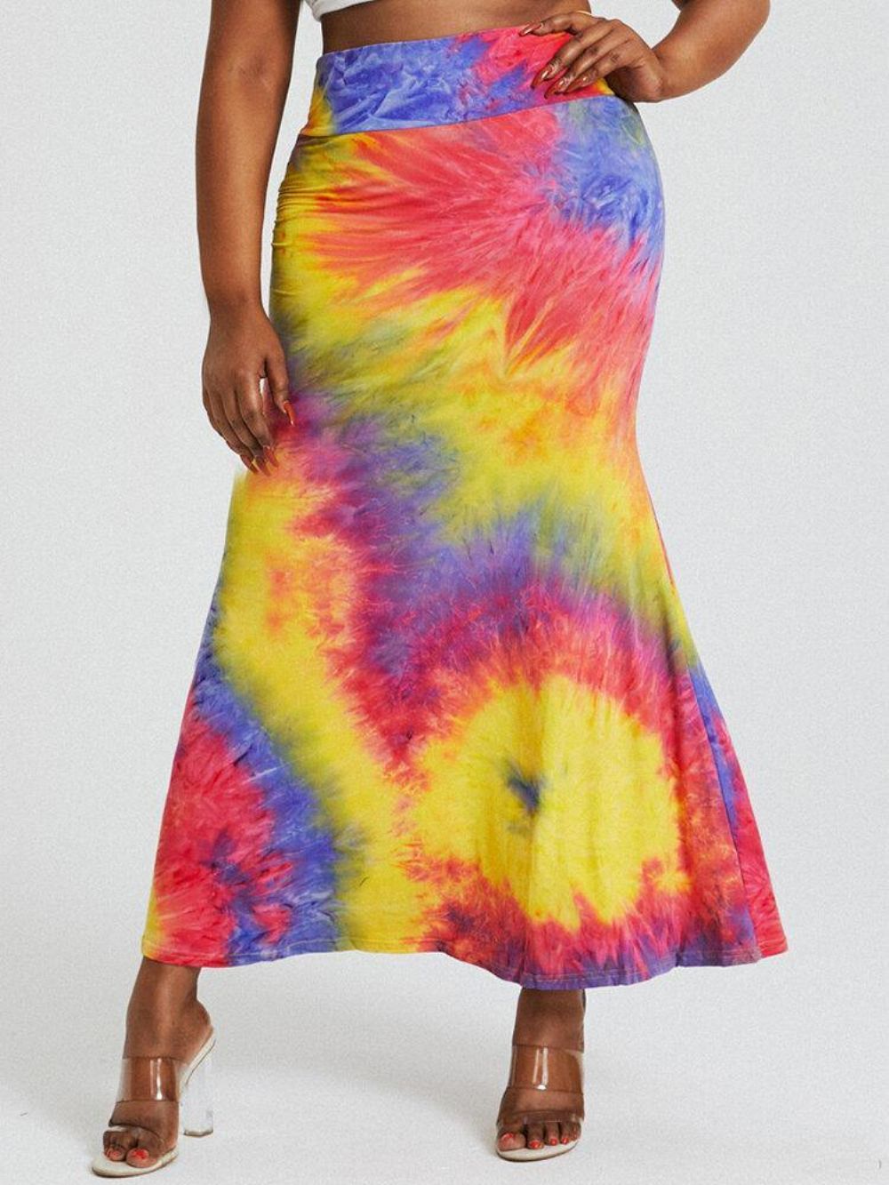 Tie-Dye-Druck Mit Hoher Taille Figurbetonter Langer Rock