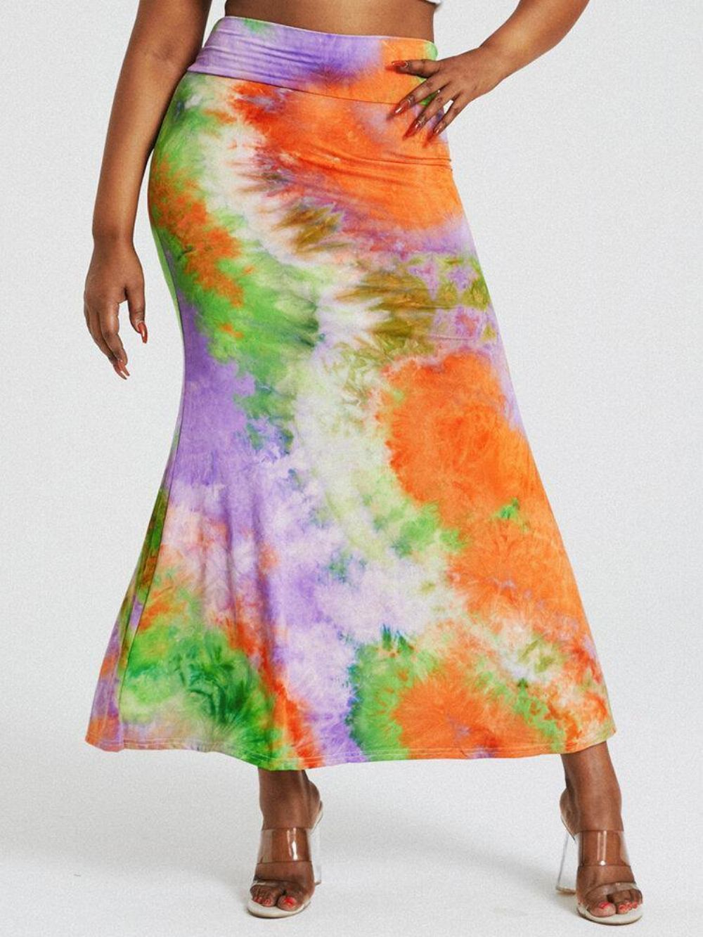 Tie-Dye-Druck Mit Hoher Taille Figurbetonter Langer Rock