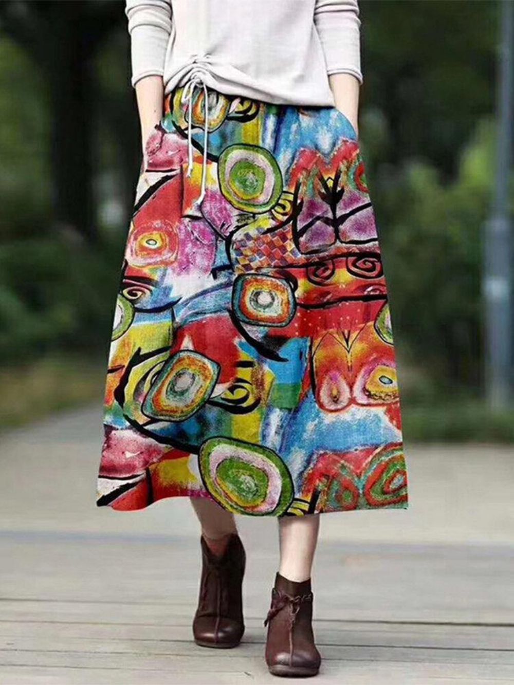 Vintage Ethnic Style Print Baumwolle Elastische Taille Lässige Lockere Maxiröcke Mit Taschen