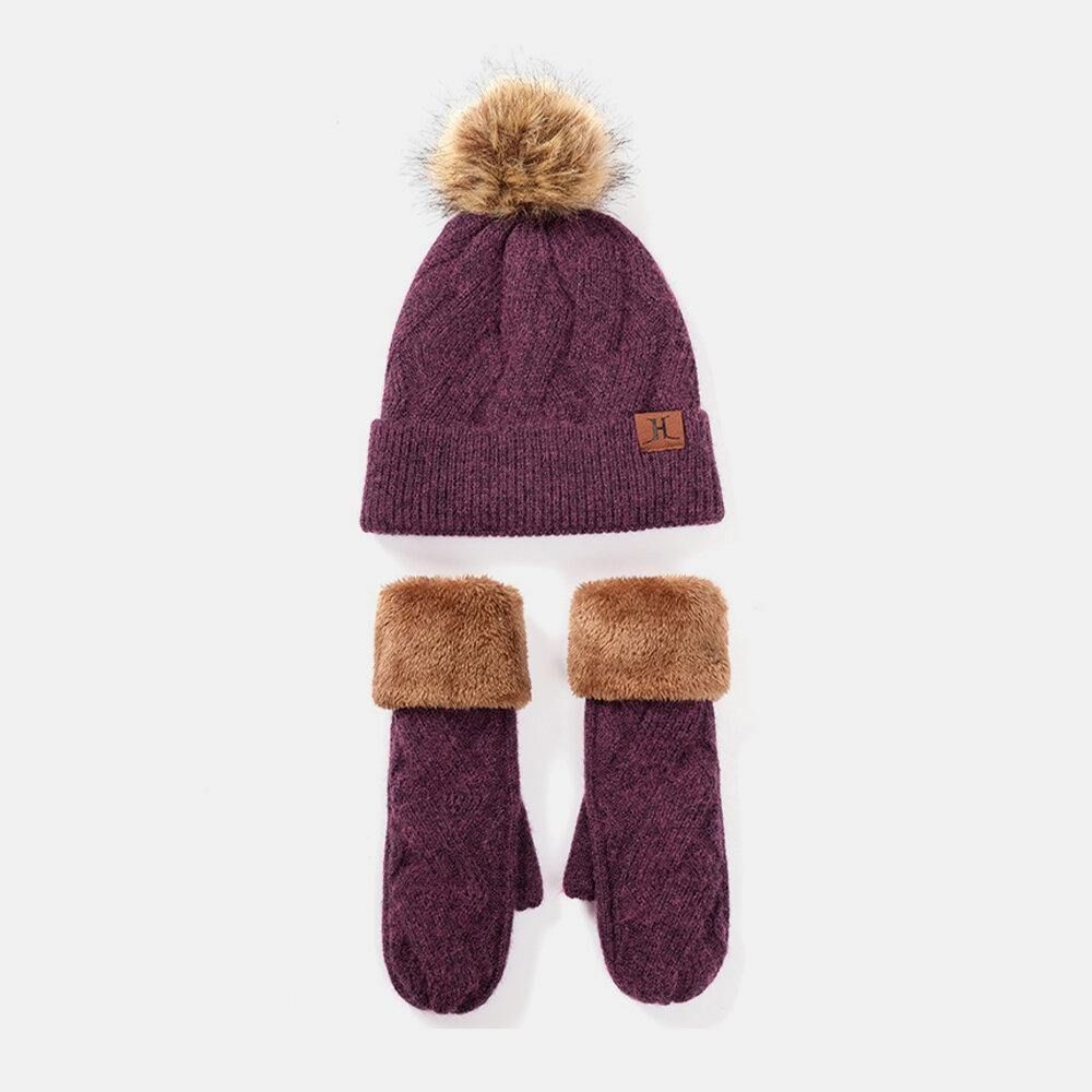 Frauen 2 Stücke Wolle Plus Verdicken Warme Winter Outdoor Strickhandschuhe Strickmütze Mit Fluff Ball