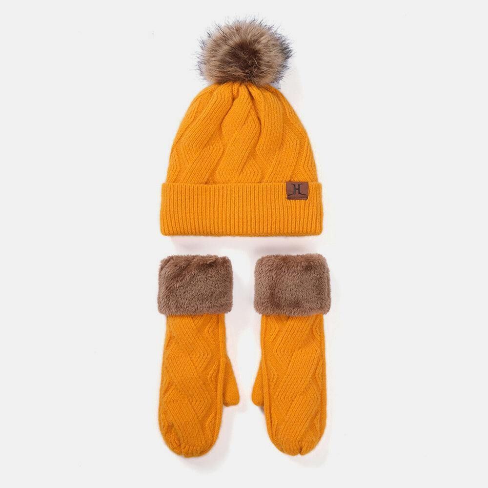 Frauen 2 Stücke Wolle Plus Verdicken Warme Winter Outdoor Strickhandschuhe Strickmütze Mit Fluff Ball