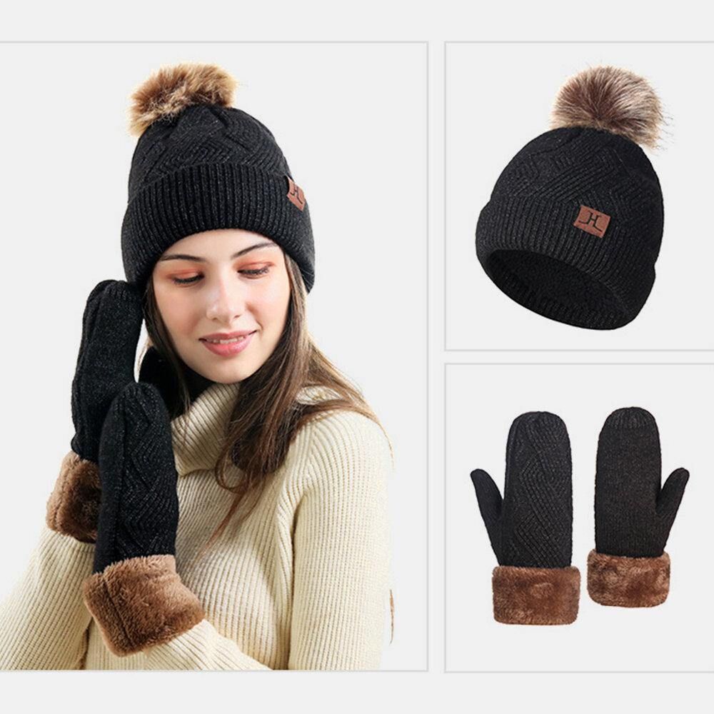 Frauen 2 Stücke Wolle Plus Verdicken Warme Winter Outdoor Strickhandschuhe Strickmütze Mit Fluff Ball