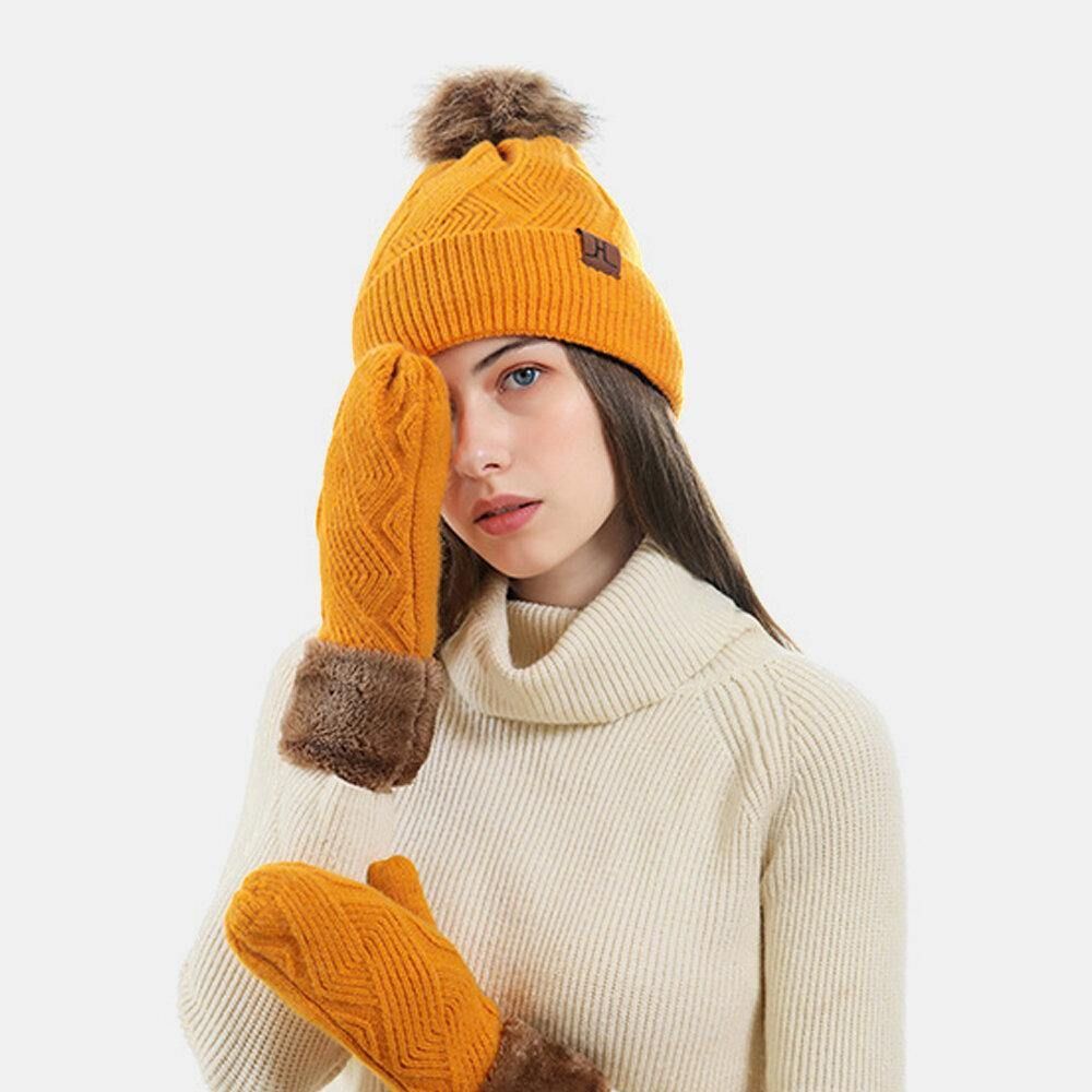 Frauen 2 Stücke Wolle Plus Verdicken Warme Winter Outdoor Strickhandschuhe Strickmütze Mit Fluff Ball