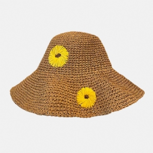 Frauen Stroh Blumen Einfarbig Elegante Sonnenblume Große Krempe Visier Sonnenschutz Hut Strand Hut Eimer Hut