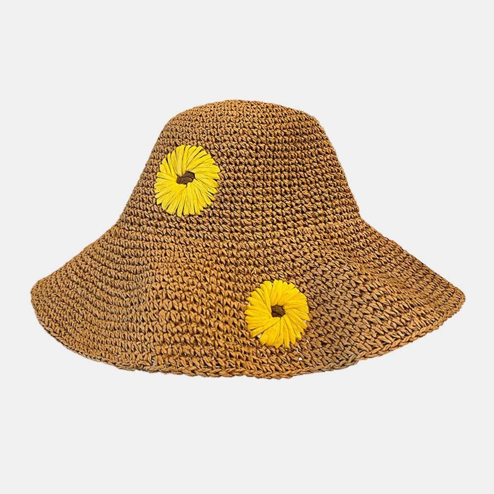 Frauen Stroh Blumen Einfarbig Elegante Sonnenblume Große Krempe Visier Sonnenschutz Hut Strand Hut Eimer Hut