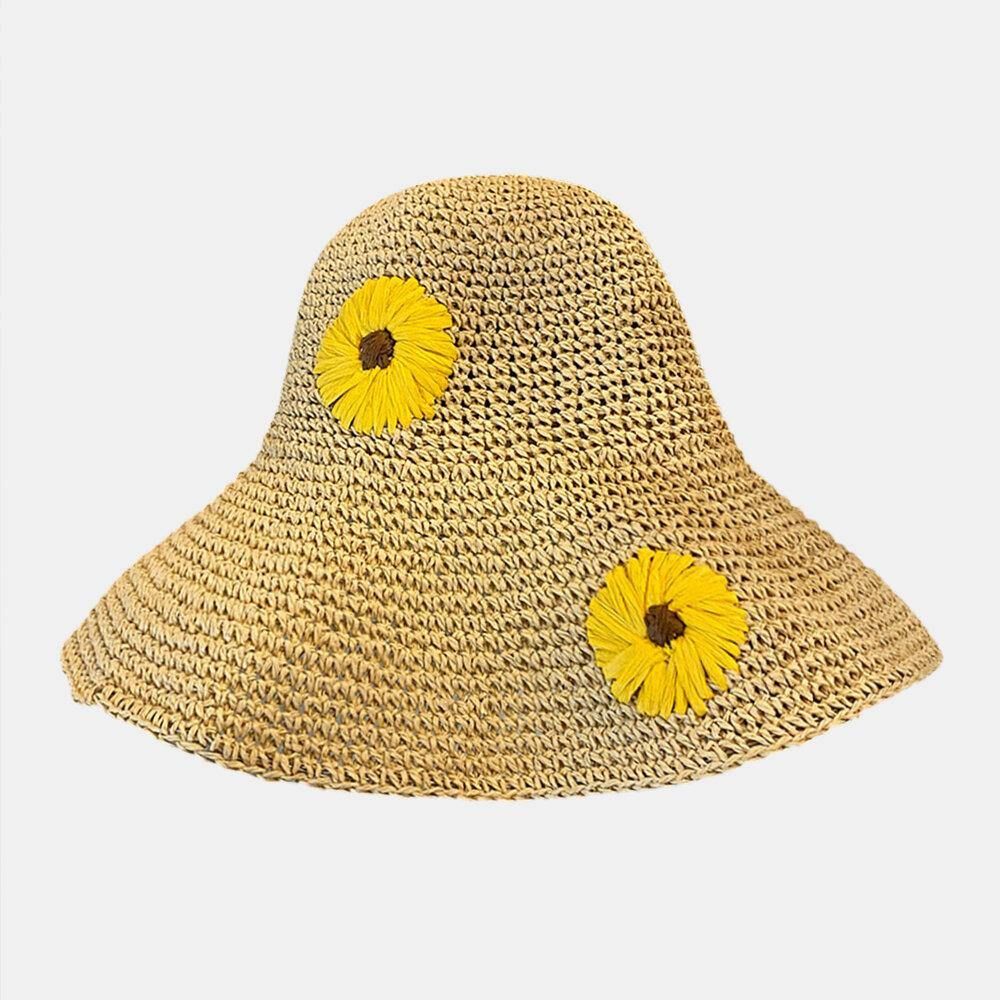 Frauen Stroh Blumen Einfarbig Elegante Sonnenblume Große Krempe Visier Sonnenschutz Hut Strand Hut Eimer Hut