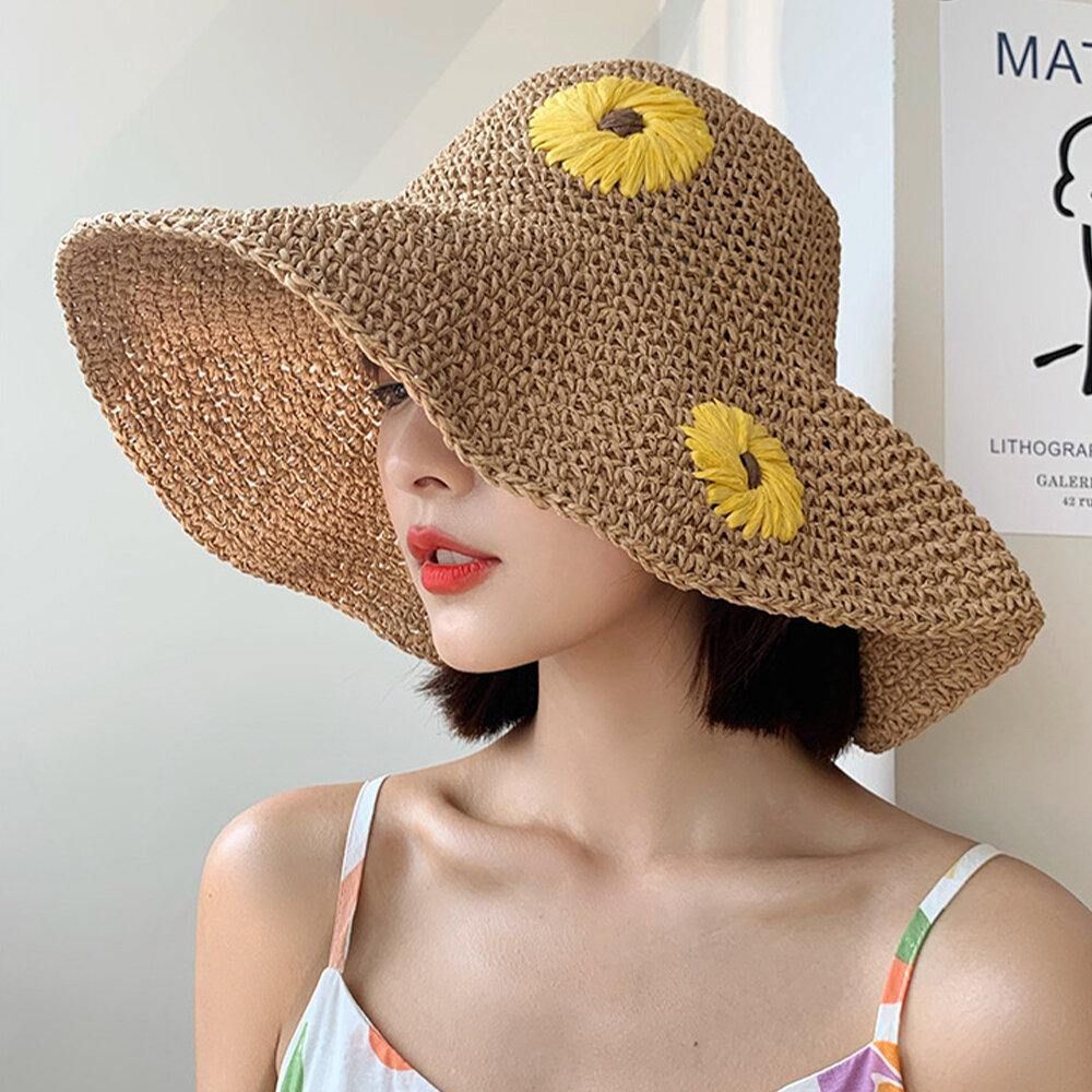 Frauen Stroh Blumen Einfarbig Elegante Sonnenblume Große Krempe Visier Sonnenschutz Hut Strand Hut Eimer Hut