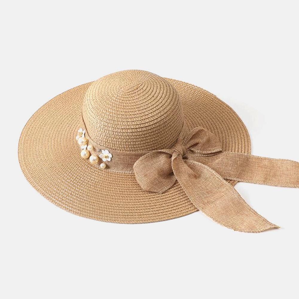 Frauen Stroh Einfarbig Elegante Große Krempe Perle Bowknot Gewellter Rand Visier Sonnenhut Strandhut Eimerhut