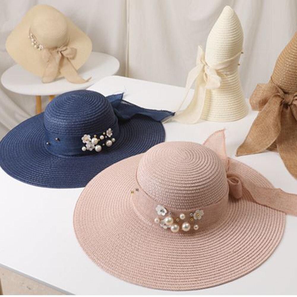 Frauen Stroh Einfarbig Elegante Große Krempe Perle Bowknot Gewellter Rand Visier Sonnenhut Strandhut Eimerhut