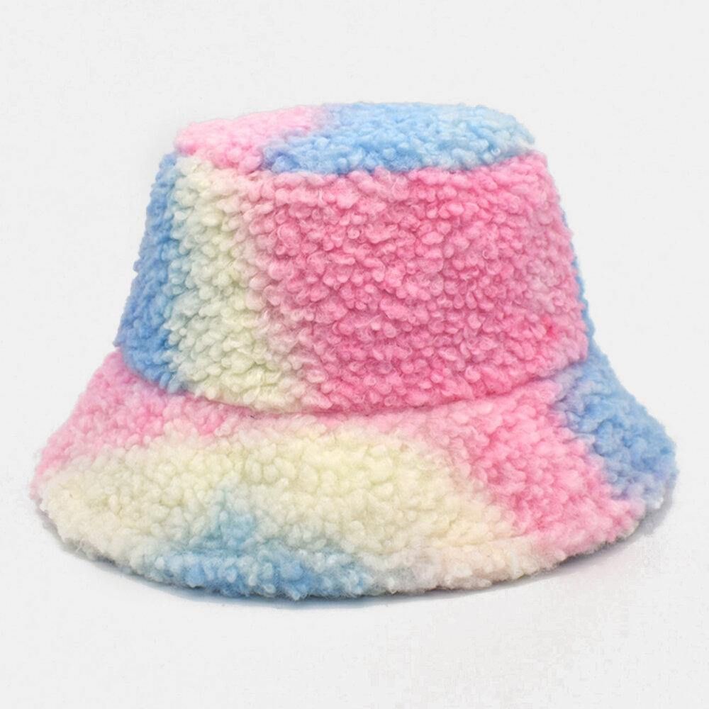 Frauen Tie-Dye Mix Farbe Lammhaar Warm Casual Cute Bucket Hat