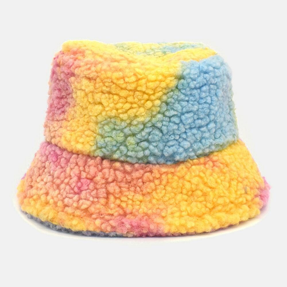 Frauen Tie-Dye Mix Farbe Lammhaar Warm Casual Cute Bucket Hat