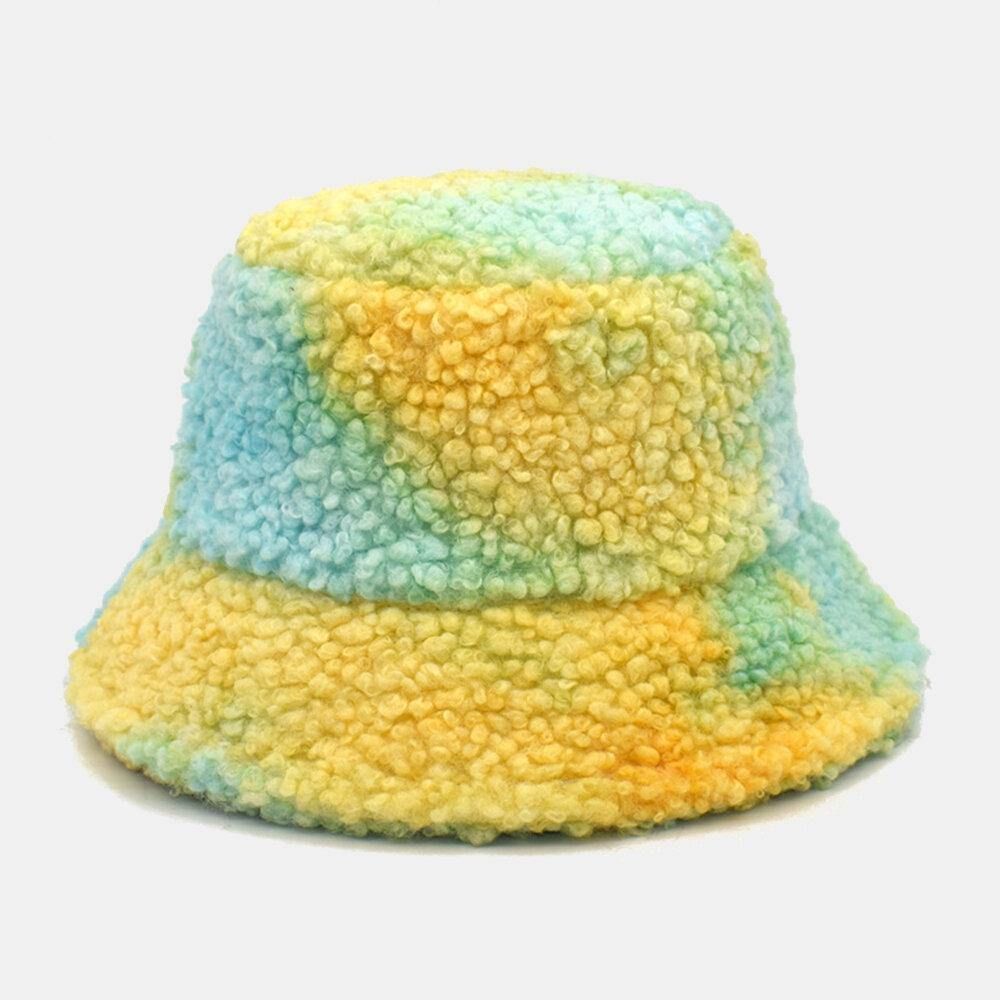 Frauen Tie-Dye Mix Farbe Lammhaar Warm Casual Cute Bucket Hat