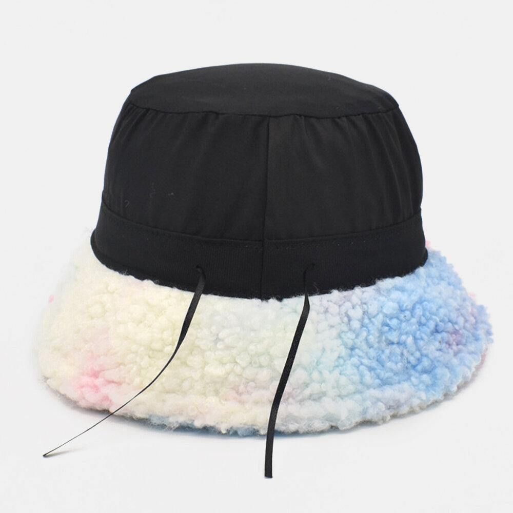 Frauen Tie-Dye Mix Farbe Lammhaar Warm Casual Cute Bucket Hat