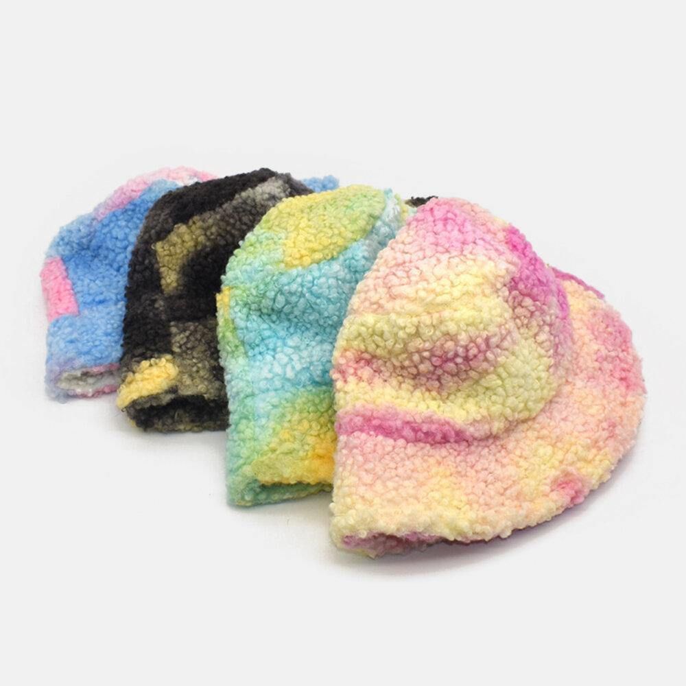 Frauen Tie-Dye Mix Farbe Lammhaar Warm Casual Cute Bucket Hat