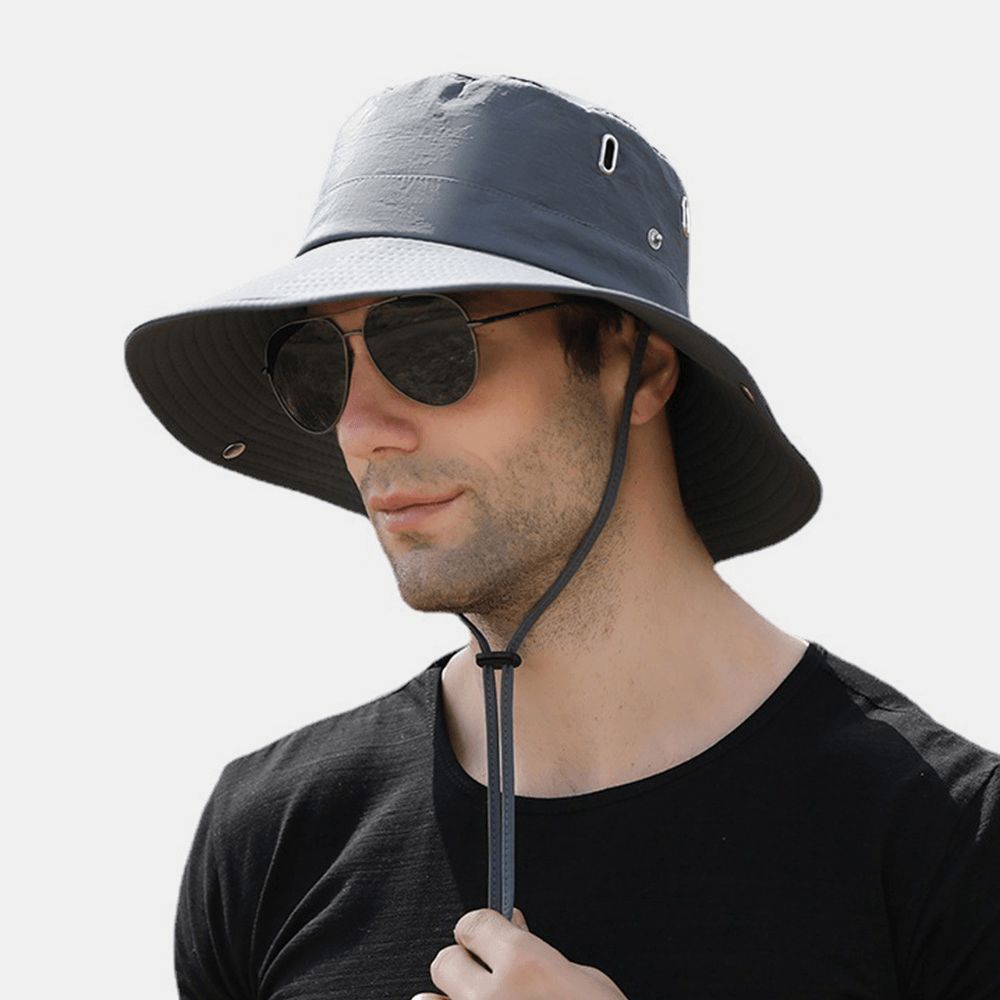 Herren Big Brim Winddichtes Seil Verstellbarer Sonnenschutzhut Dual-Use Outdoor Angeln Bergsteigen Anti-Uv-Eimerhut