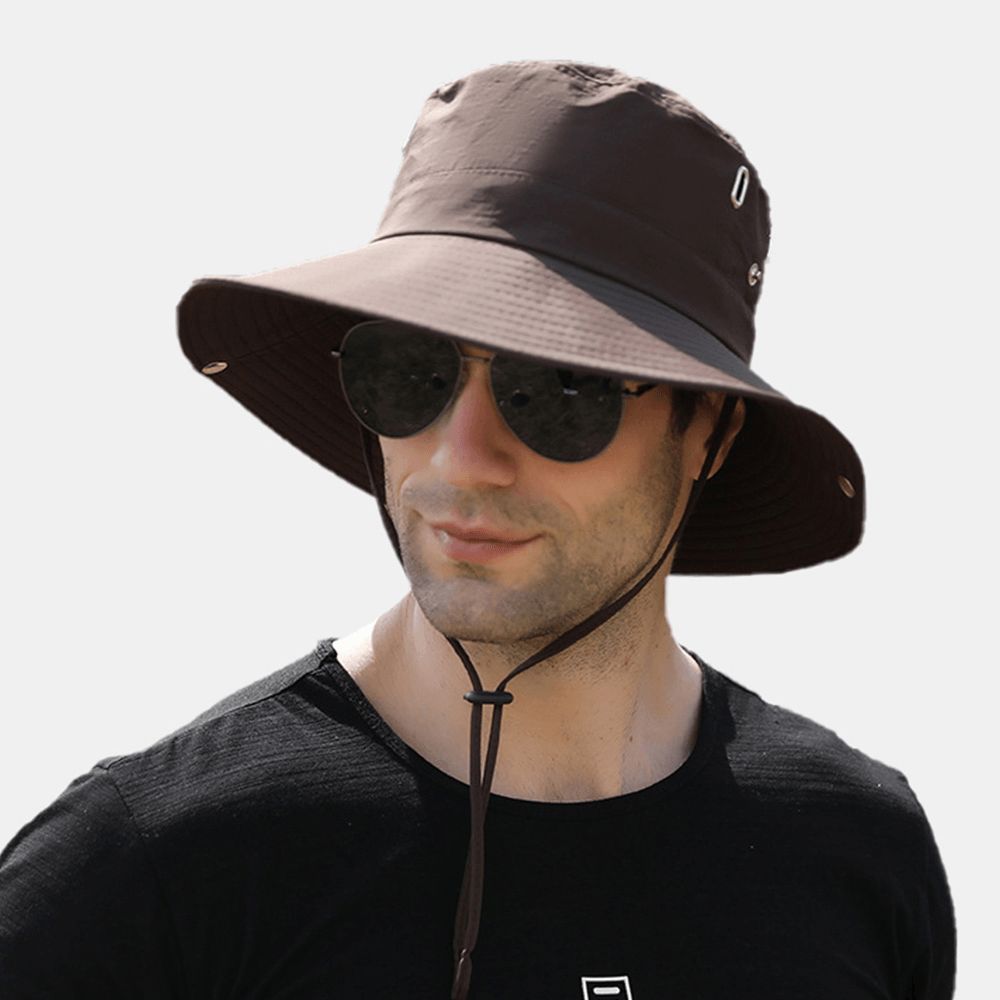 Herren Big Brim Winddichtes Seil Verstellbarer Sonnenschutzhut Dual-Use Outdoor Angeln Bergsteigen Anti-Uv-Eimerhut