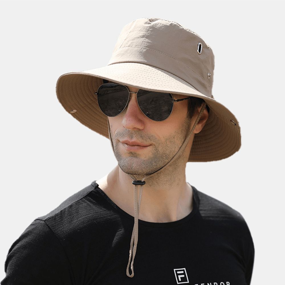 Herren Big Brim Winddichtes Seil Verstellbarer Sonnenschutzhut Dual-Use Outdoor Angeln Bergsteigen Anti-Uv-Eimerhut