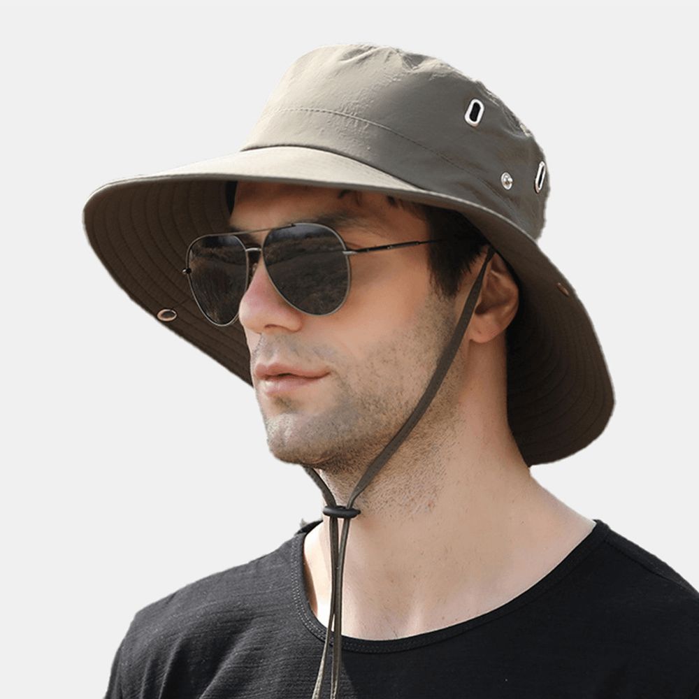 Herren Big Brim Winddichtes Seil Verstellbarer Sonnenschutzhut Dual-Use Outdoor Angeln Bergsteigen Anti-Uv-Eimerhut