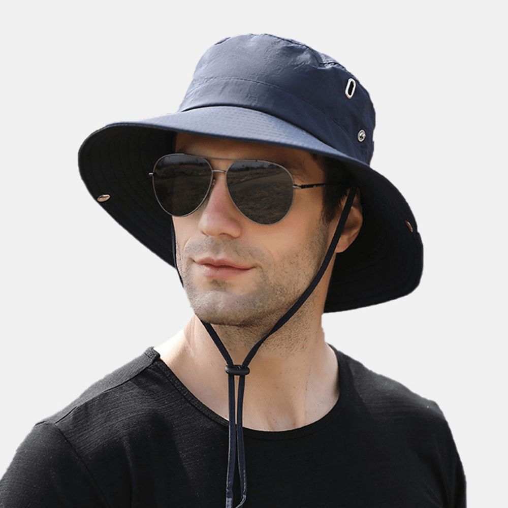 Herren Big Brim Winddichtes Seil Verstellbarer Sonnenschutzhut Dual-Use Outdoor Angeln Bergsteigen Anti-Uv-Eimerhut