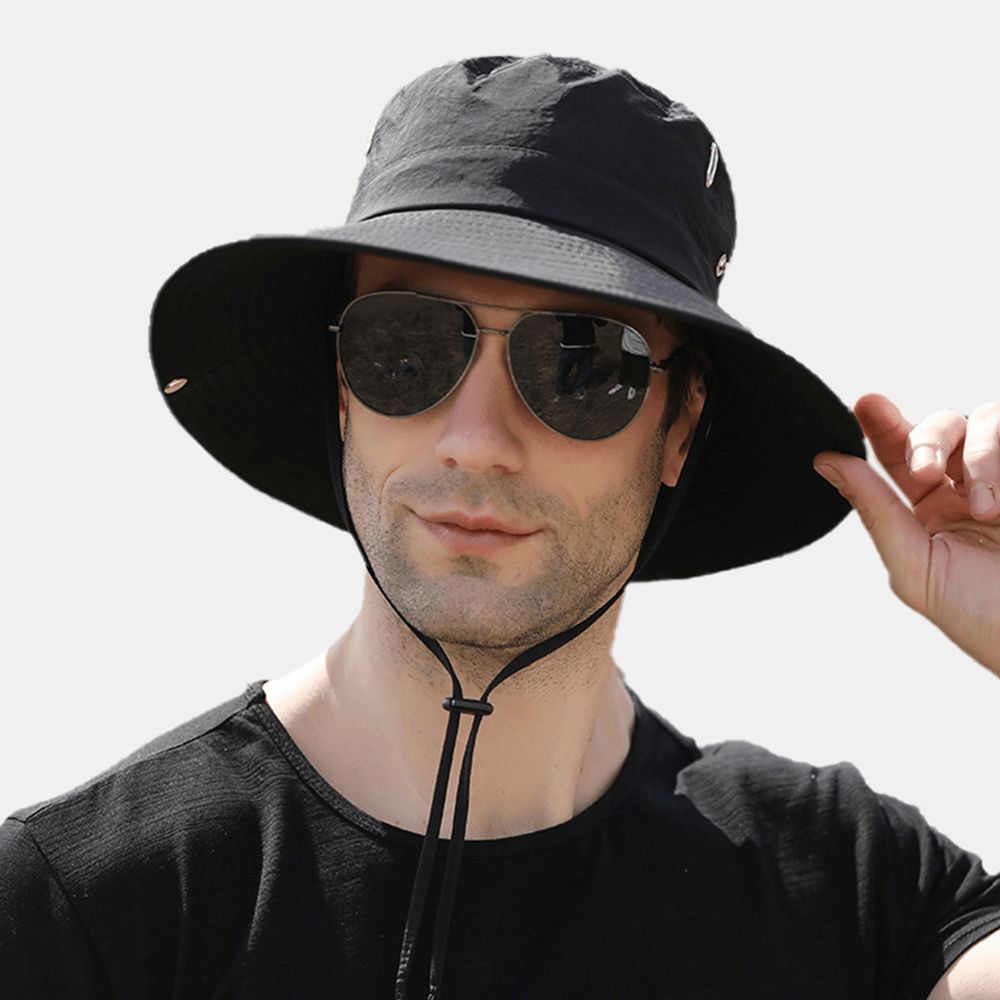 Herren Big Brim Winddichtes Seil Verstellbarer Sonnenschutzhut Dual-Use Outdoor Angeln Bergsteigen Anti-Uv-Eimerhut