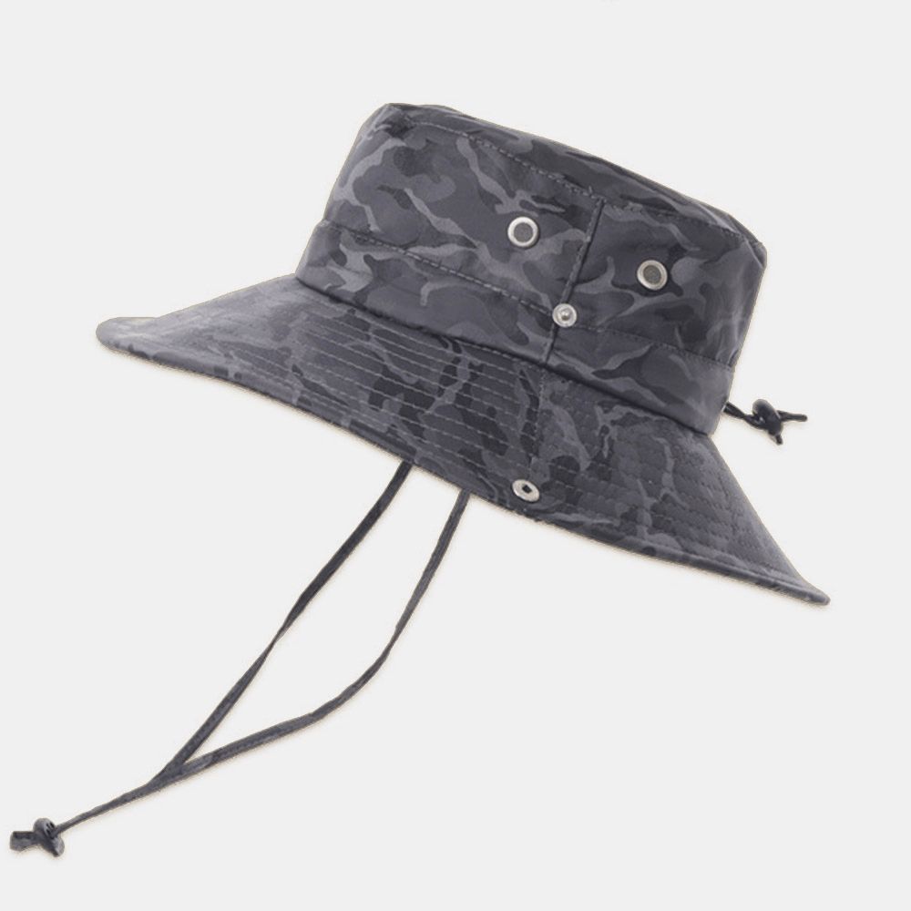 Männer Camouflage Big Brim Winddichtes Seil Outdoor Angeln Klettern Anti-Uv-Sonnenschutz-Eimer-Hut