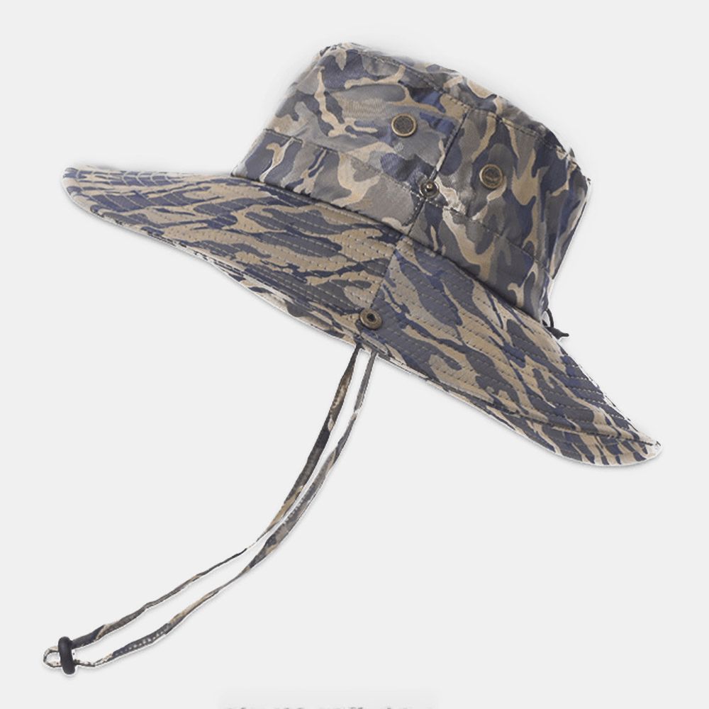 Männer Camouflage Big Brim Winddichtes Seil Outdoor Angeln Klettern Anti-Uv-Sonnenschutz-Eimer-Hut