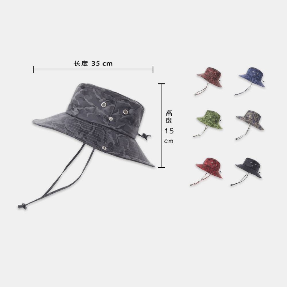 Männer Camouflage Big Brim Winddichtes Seil Outdoor Angeln Klettern Anti-Uv-Sonnenschutz-Eimer-Hut