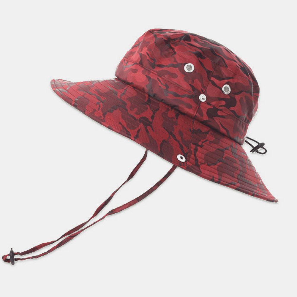 Männer Camouflage Big Brim Winddichtes Seil Outdoor Angeln Klettern Anti-Uv-Sonnenschutz-Eimer-Hut