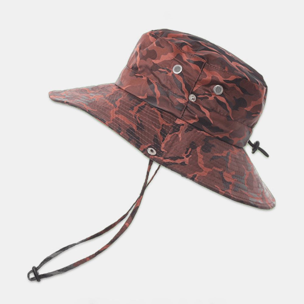 Männer Camouflage Big Brim Winddichtes Seil Outdoor Angeln Klettern Anti-Uv-Sonnenschutz-Eimer-Hut