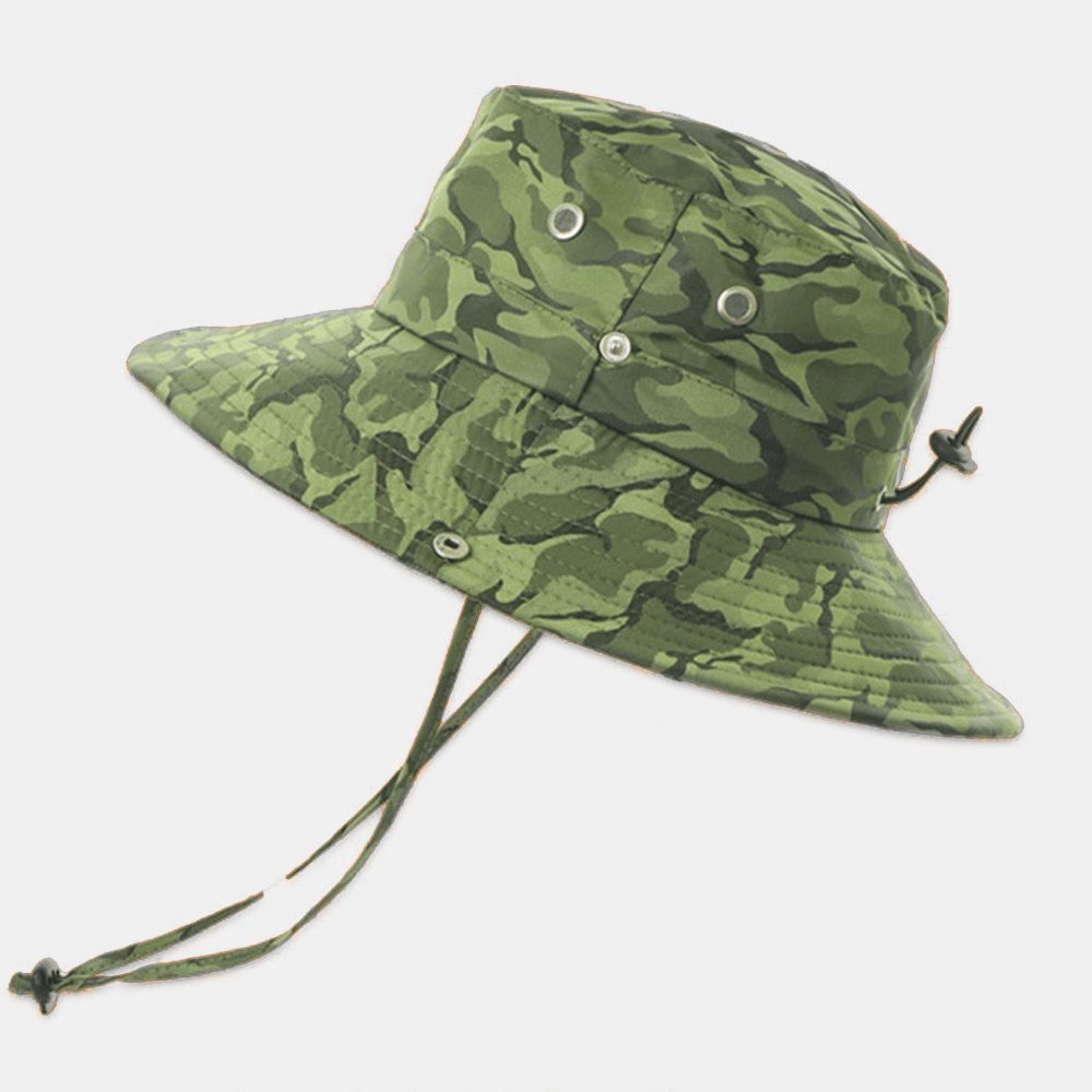 Männer Camouflage Big Brim Winddichtes Seil Outdoor Angeln Klettern Anti-Uv-Sonnenschutz-Eimer-Hut