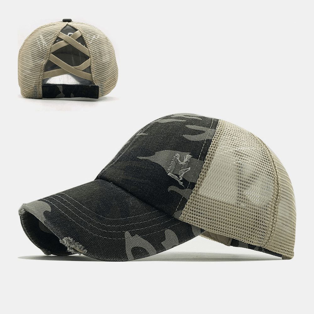 Unisex Camouflage Stretch Fit Mützen Mesh Atmungsaktive Trucker Hüte Cross Pferdeschwanz Baseball Cap