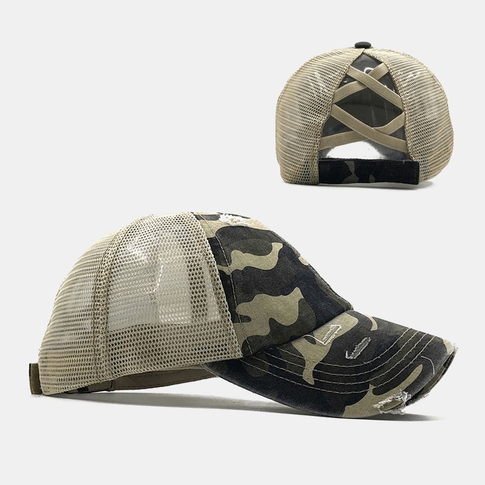 Unisex Camouflage Stretch Fit Mützen Mesh Atmungsaktive Trucker Hüte Cross Pferdeschwanz Baseball Cap