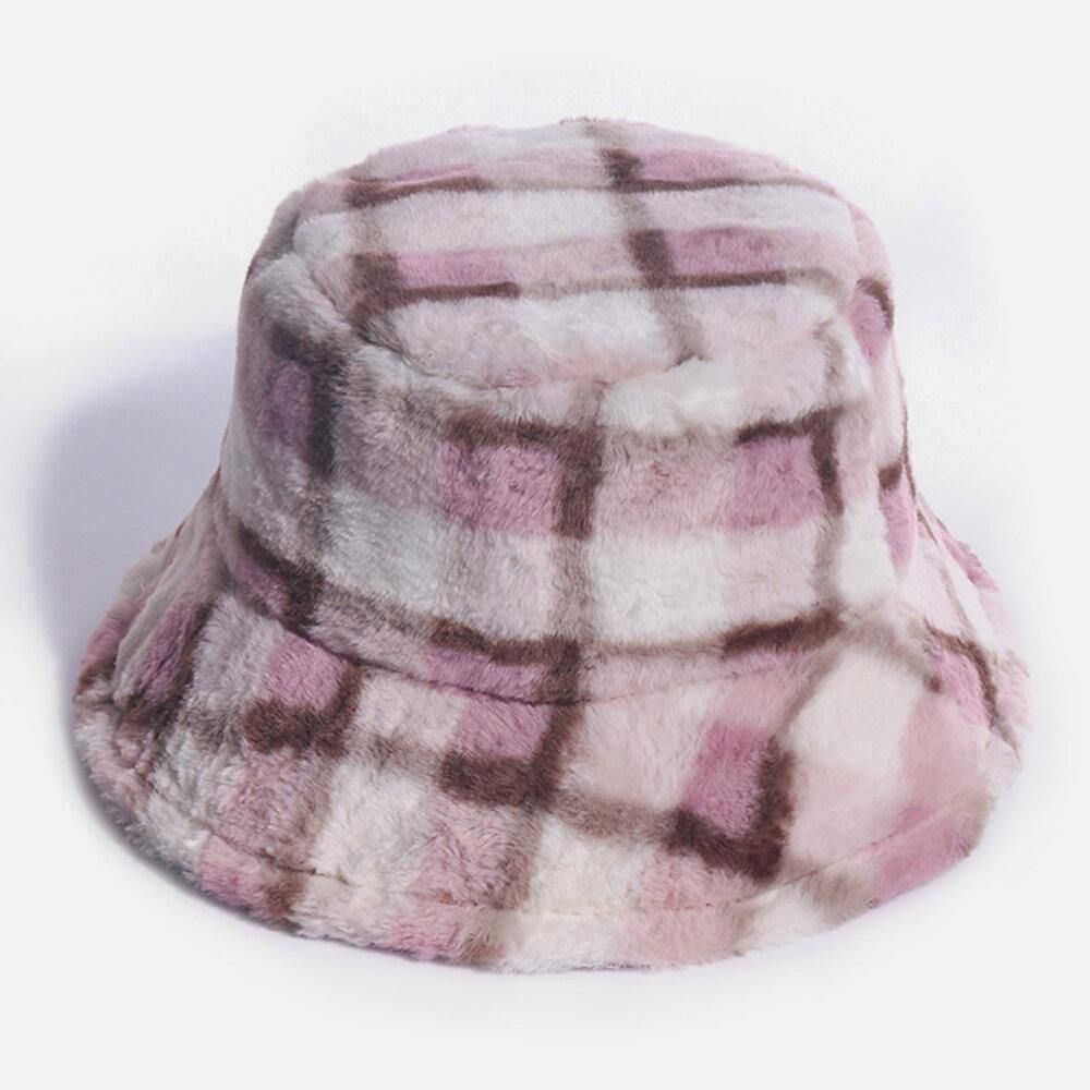 Unisex-Kaninchenhaar-Plaids-Muster Plus Dicker Warmer Winddichter Weicher All-Match-Reise-Eimerhut