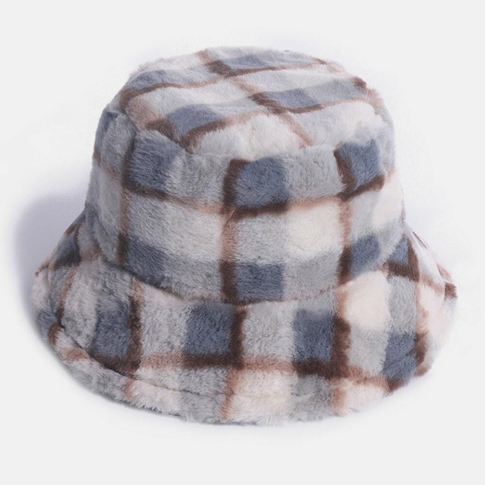 Unisex-Kaninchenhaar-Plaids-Muster Plus Dicker Warmer Winddichter Weicher All-Match-Reise-Eimerhut