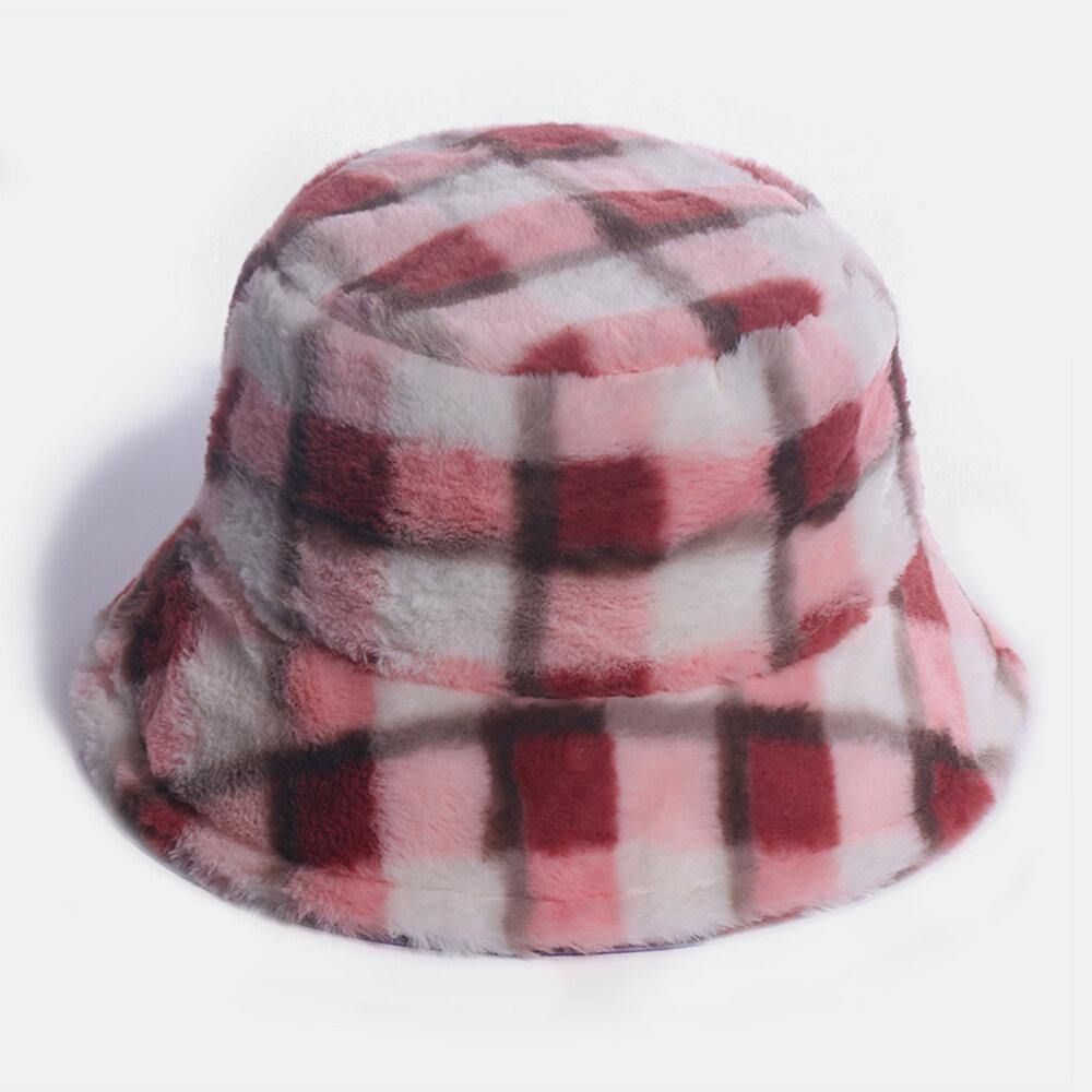 Unisex-Kaninchenhaar-Plaids-Muster Plus Dicker Warmer Winddichter Weicher All-Match-Reise-Eimerhut