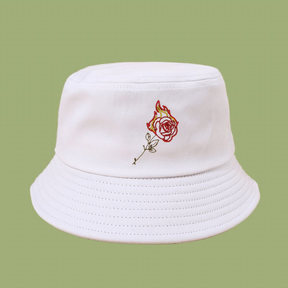 Unisex-Sonnenhut Mit Flamme-Rosen-Stickerei Baumwolle Einfacher Sonnenschutz-Eimerhut