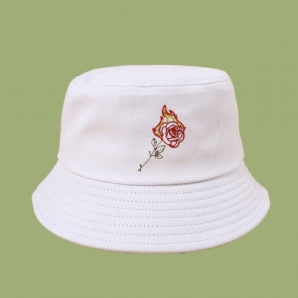 Unisex-Sonnenhut Mit Flamme-Rosen-Stickerei Baumwolle Einfacher Sonnenschutz-Eimerhut