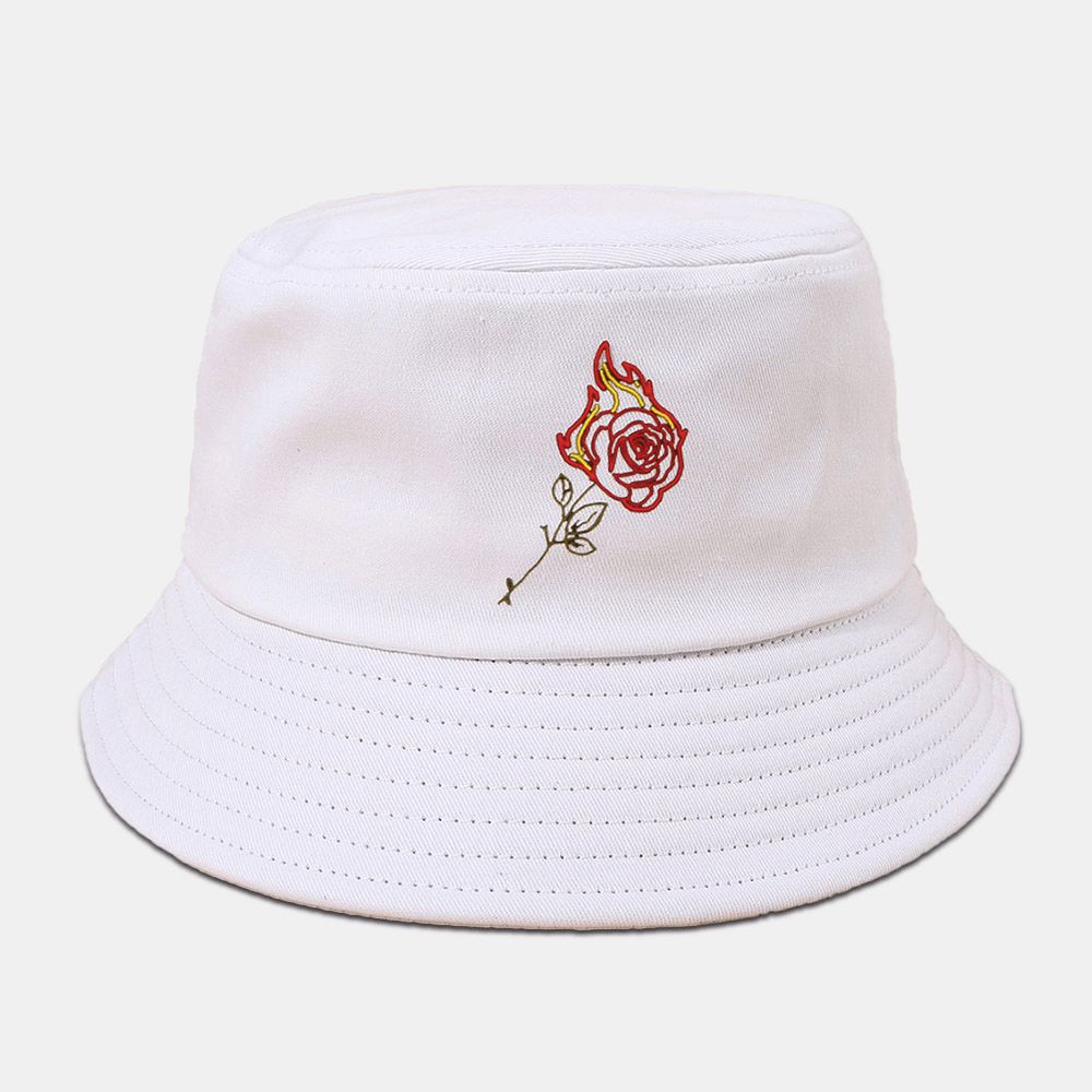 Unisex-Sonnenhut Mit Flamme-Rosen-Stickerei Baumwolle Einfacher Sonnenschutz-Eimerhut