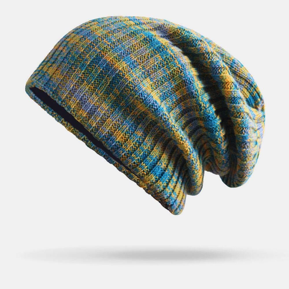 Unisex Woolen Mixed Rainbow Color Stripes Pattern Plus Velvet Thick Warm Couple Hüte Beanie Strickmütze