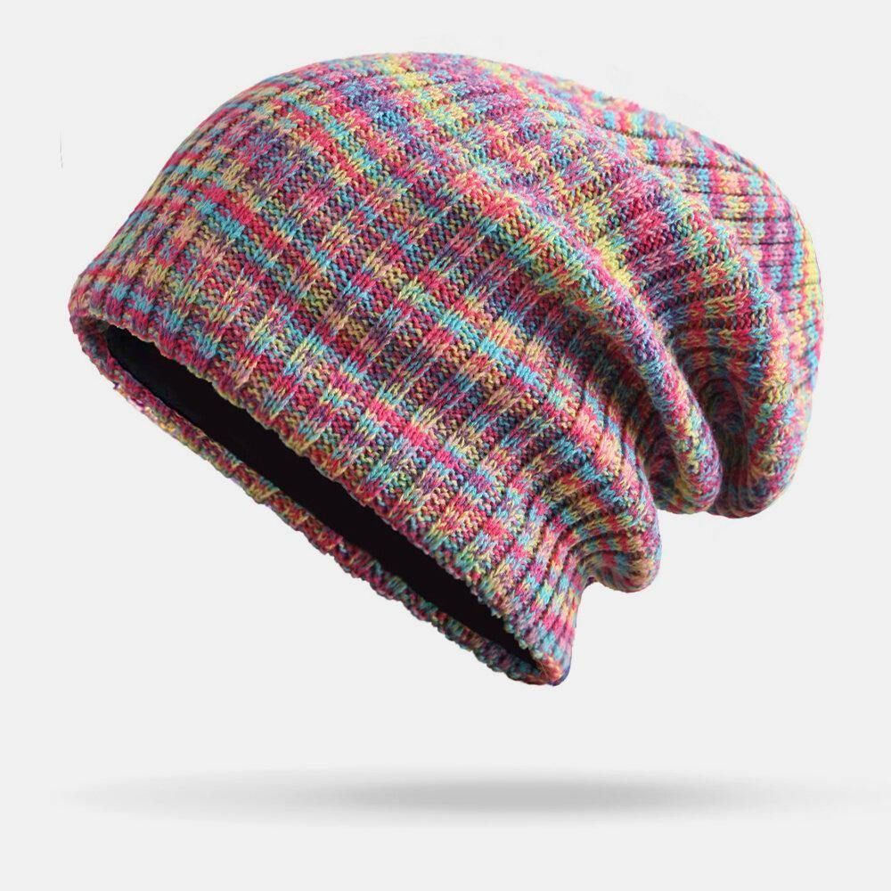 Unisex Woolen Mixed Rainbow Color Stripes Pattern Plus Velvet Thick Warm Couple Hüte Beanie Strickmütze