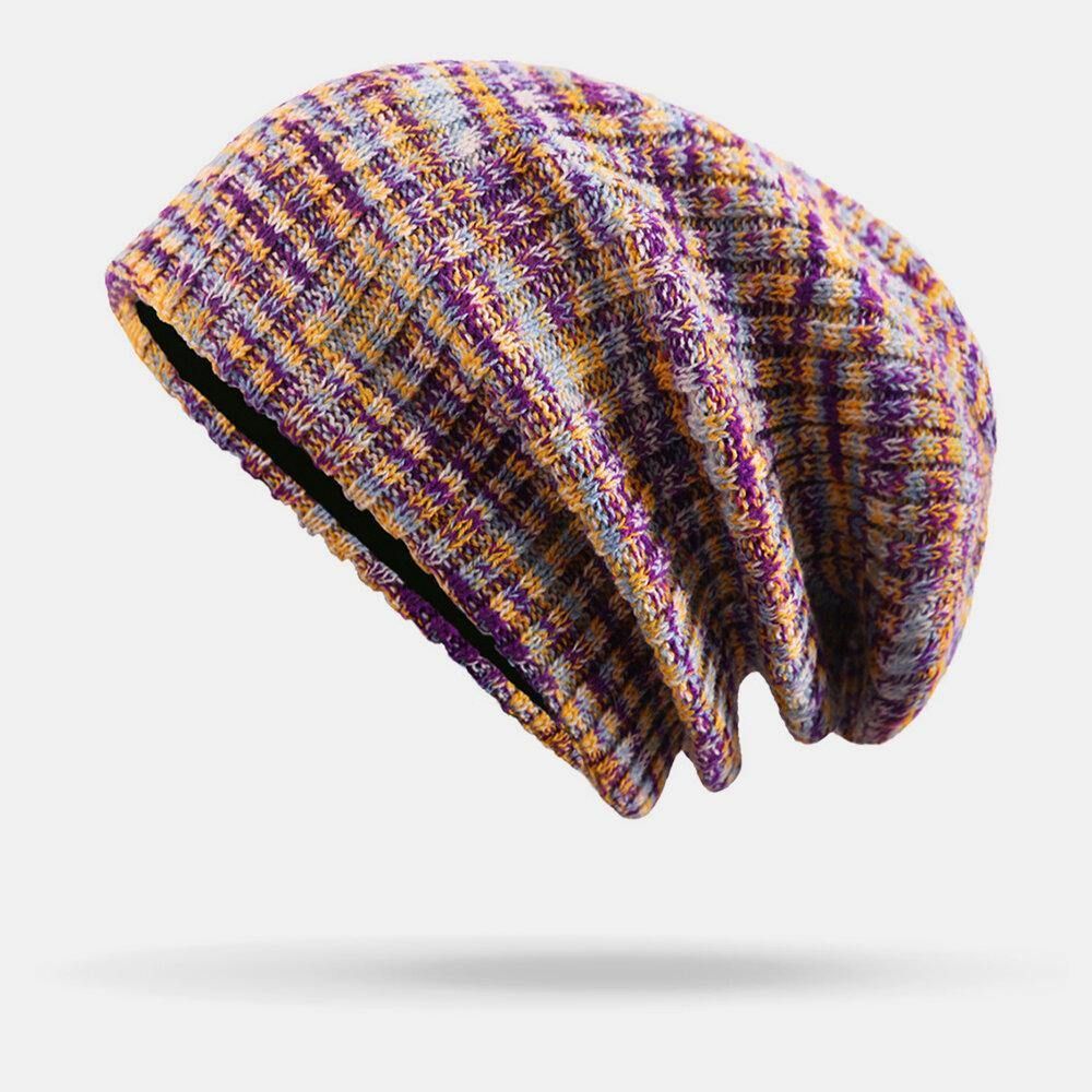 Unisex Woolen Mixed Rainbow Color Stripes Pattern Plus Velvet Thick Warm Couple Hüte Beanie Strickmütze