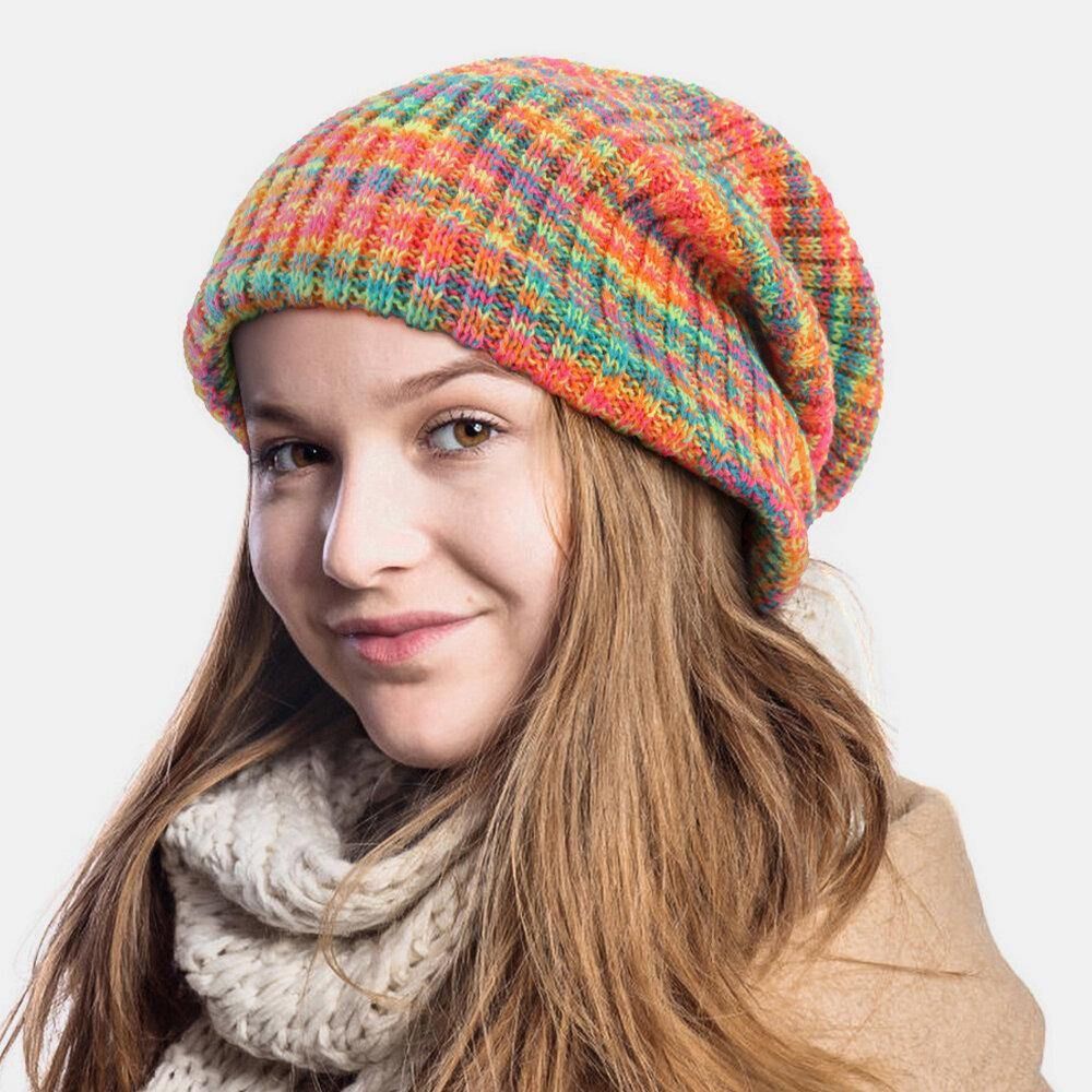 Unisex Woolen Mixed Rainbow Color Stripes Pattern Plus Velvet Thick Warm Couple Hüte Beanie Strickmütze