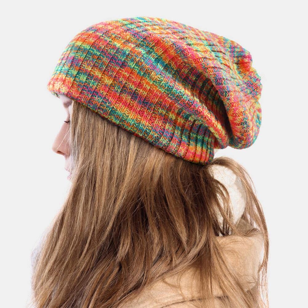 Unisex Woolen Mixed Rainbow Color Stripes Pattern Plus Velvet Thick Warm Couple Hüte Beanie Strickmütze