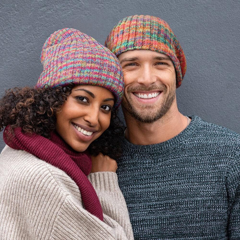 Unisex Woolen Mixed Rainbow Color Stripes Pattern Plus Velvet Thick Warm Couple Hüte Beanie Strickmütze